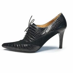 Brooks Brothers Oxford Heels Women 9.5 Black Croc Suede Lace Up Made in Italy
